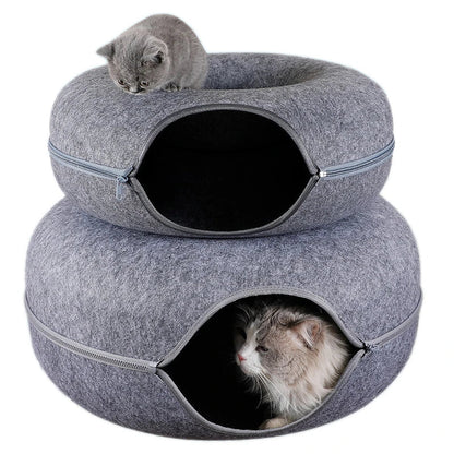Belro Tunnel Interactive Cat Bed showing a cozy fabric tunnel with cat toys inside for playful feline relaxation.