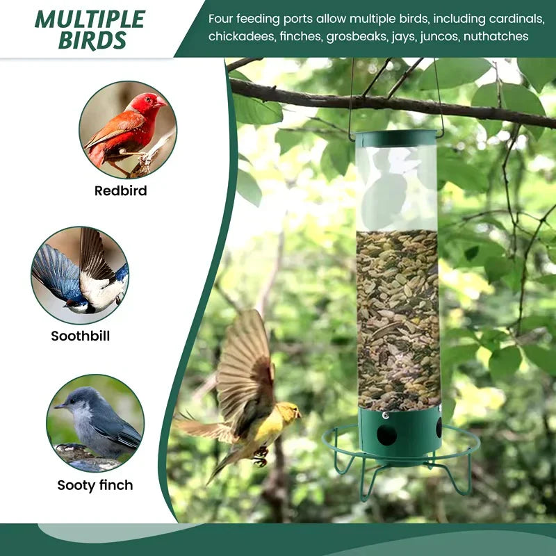 Belro squirrel-proof bird feeder hanging outdoors, designed for birdwatching and garden decor, with a protective feeding chamber.