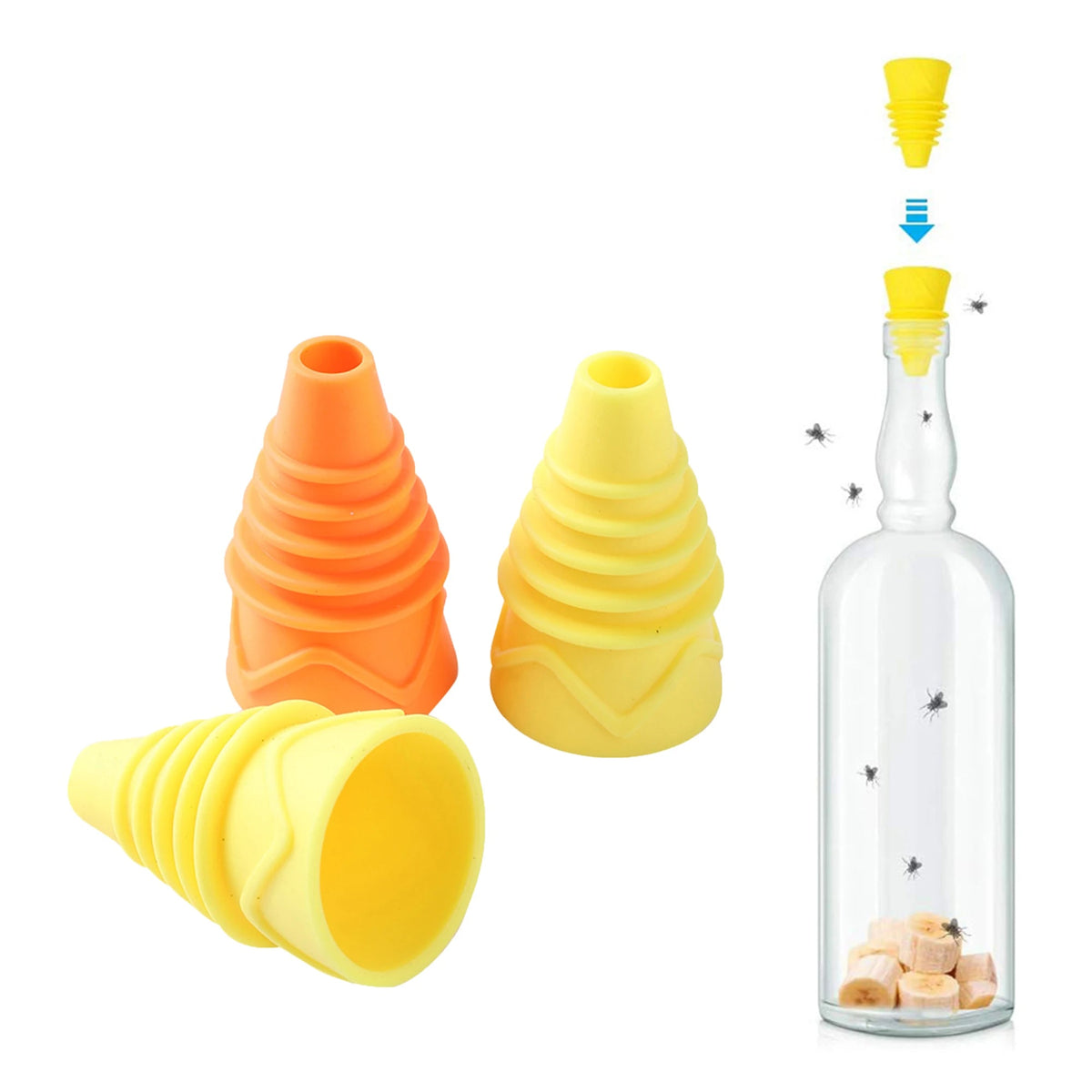 Reusable silicone fruit fly trap funnel by Belro, shown in a kitchen setting, designed to catch and trap fruit flies effectively.