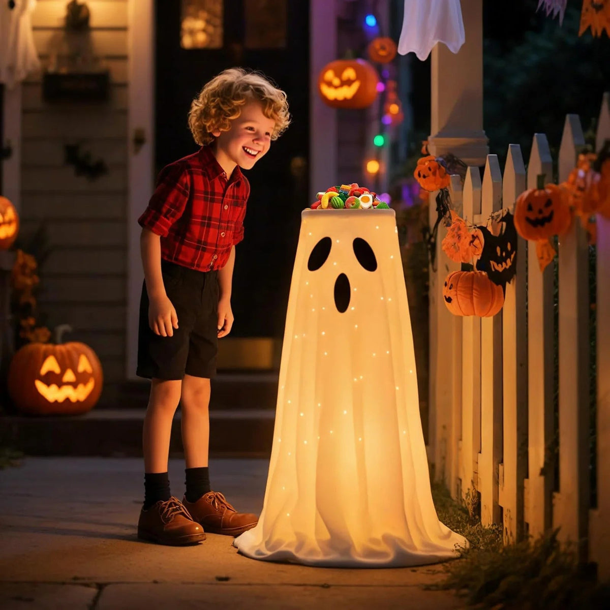 Belro lighted Halloween candy bowl stand with ghost design, featuring a spooky ghost figure for festive Halloween decor.