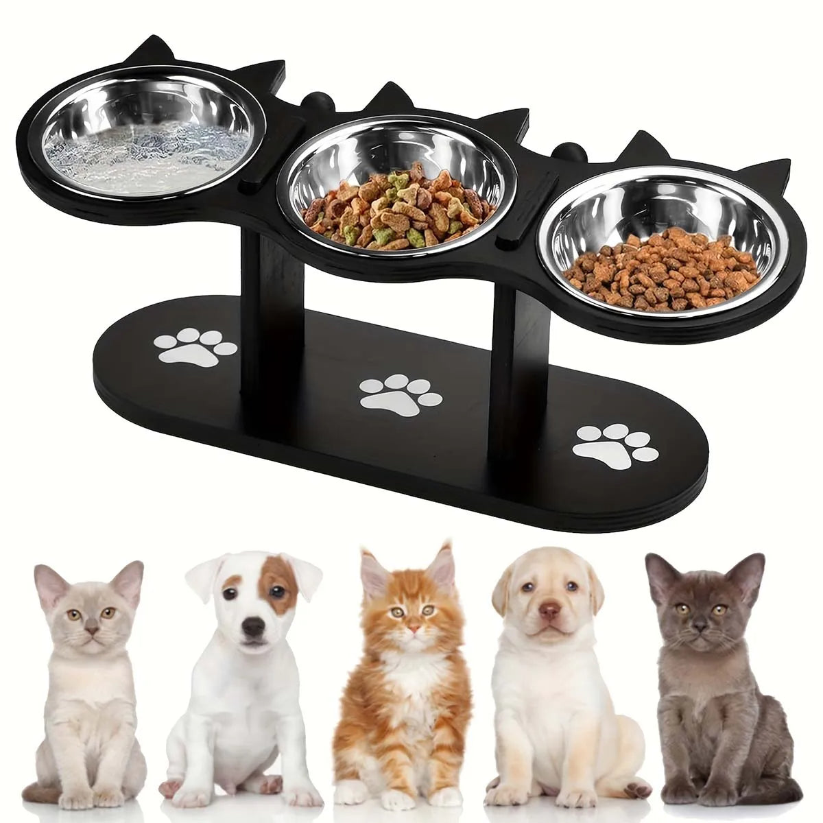 Belro elevated cat bowl with three stainless steel dishes, designed for easy feeding and watering of cats.
