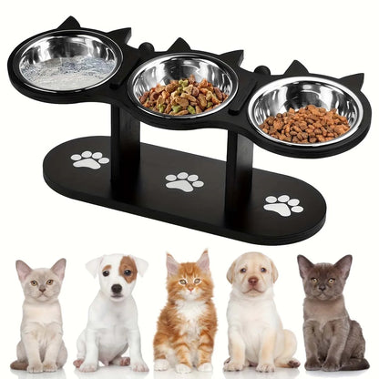 Belro elevated cat bowl with three stainless steel dishes, designed for easy feeding and watering of cats.