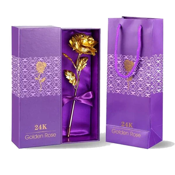 Belro 24K gold dipped real rose with gift box, elegant floral decoration for men's clothing accessories, detailed close-up.