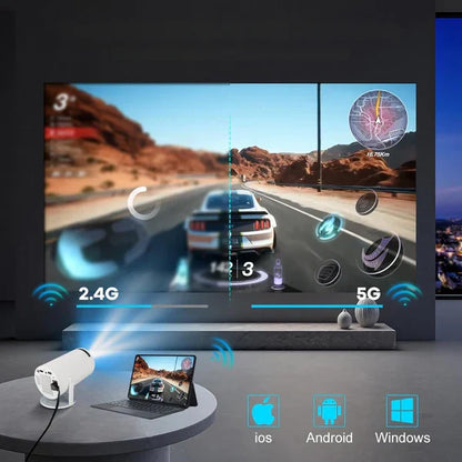 Belro HD Smart 4K projector displaying vibrant images on a wall, with a sleek black design and digital control panel.