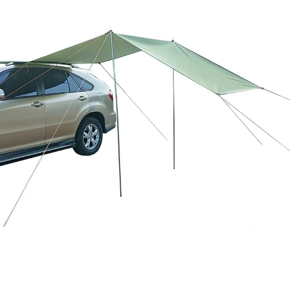 Belro waterproof car canopy side awning pull-out kit installed on a vehicle, providing outdoor shade and protection for outdoor use.