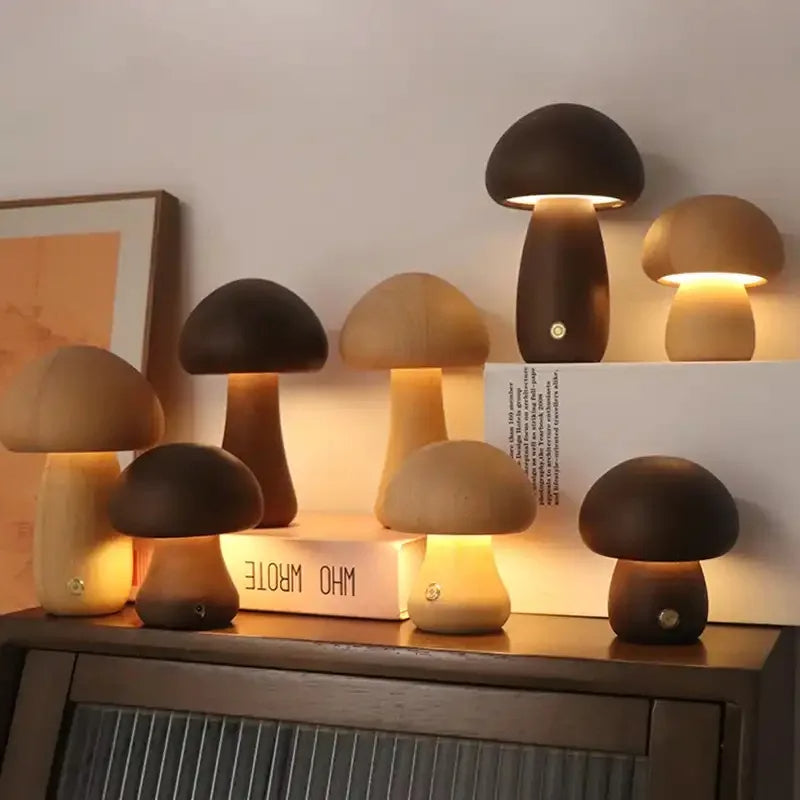 Belro mushroom night light bedside lamp emitting a soft, warm glow, perfect for cozy bedroom lighting.