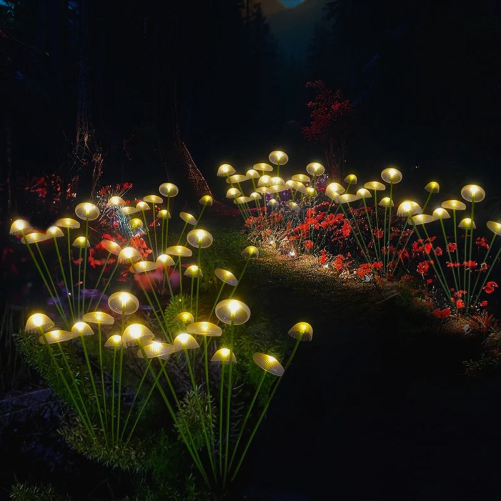 Belro Solar Swaying Mushroom Garden Decor Lights in outdoor garden setting, showcasing colorful mushroom lights with solar panels