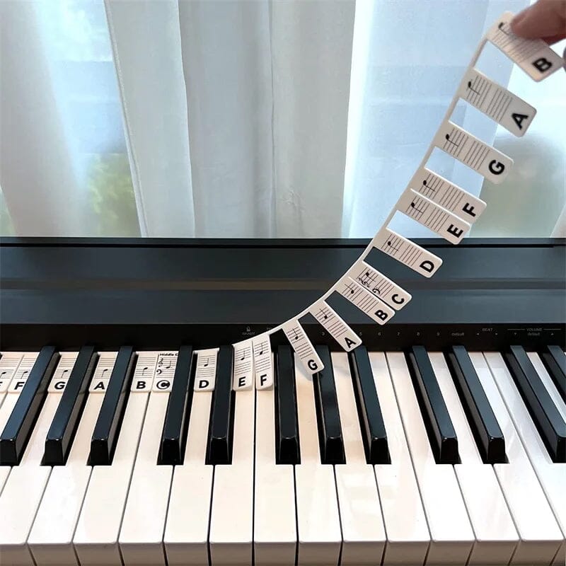 Color-coded BowLift removable piano keyboard note labels with note names for easy learning on piano keys.