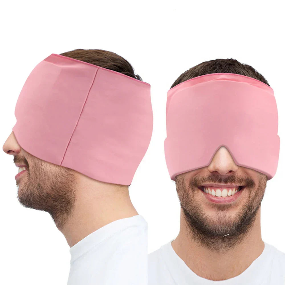 Belro Headache Hat, a cooling gel cap for headache relief, shown on a person's head in a health and beauty setting.