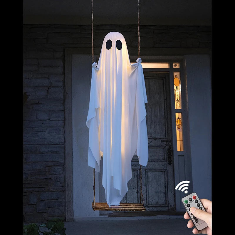 Belro outdoor ghost Halloween decoration with LED lights, swing feature, and spooky design for festive outdoor decor.