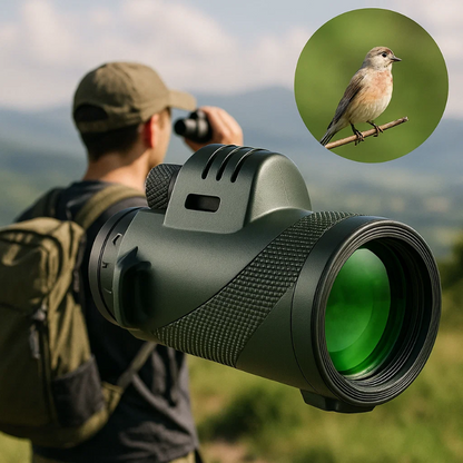 BowLift Ultra-Zoom Monocular with 600x HD lens, compact design, suitable for hiking and birdwatching, featuring a sleek black finish.