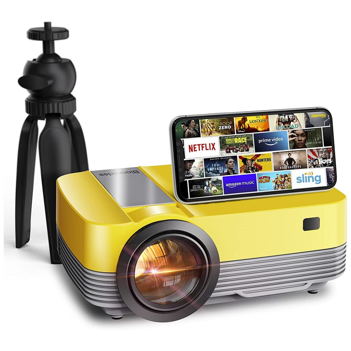 Belro portable HD mini smart USB projector displaying images on a wall, compact design for mobile and laptop use.