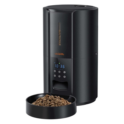 Belro large automatic pet food dispenser for dogs and cats, featuring a clear hopper and easy-access feeding tray.