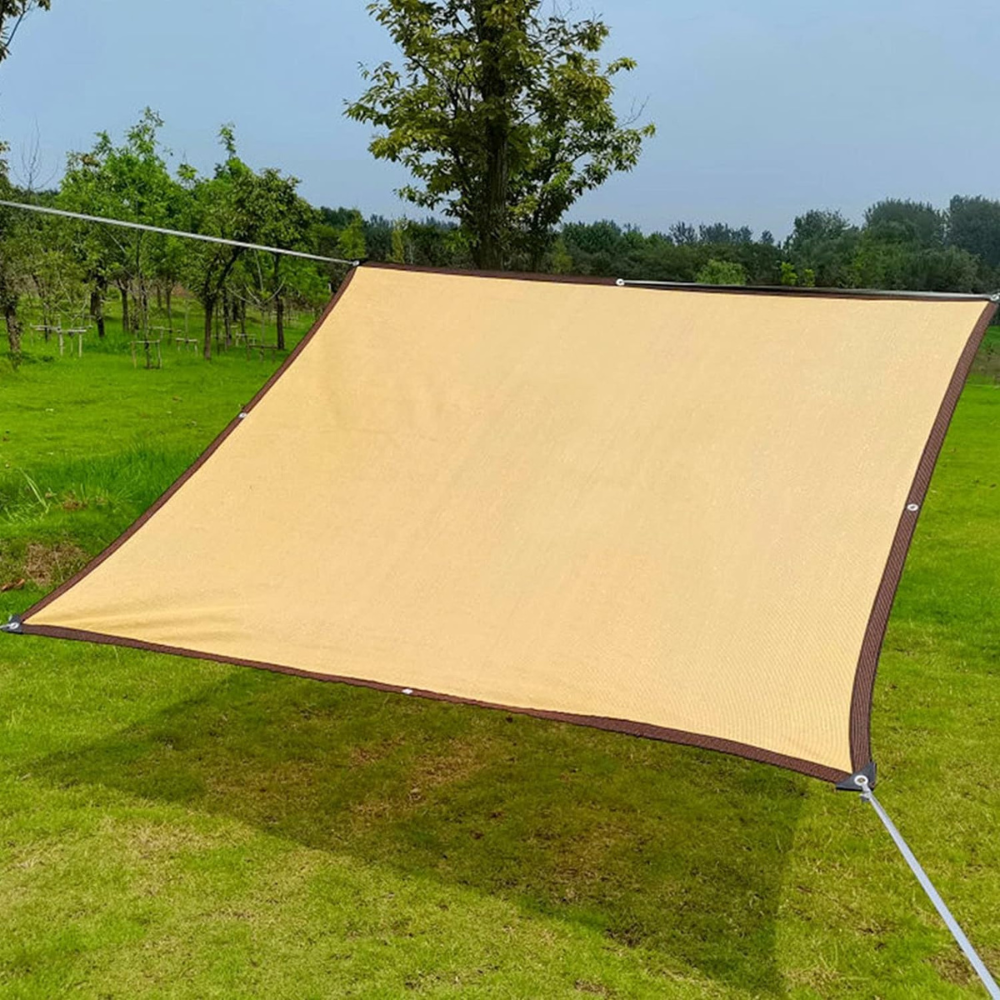 Belro outdoor mesh patio sun shade sail canopy showing blue fabric with metal attachment points for outdoor sun protection.