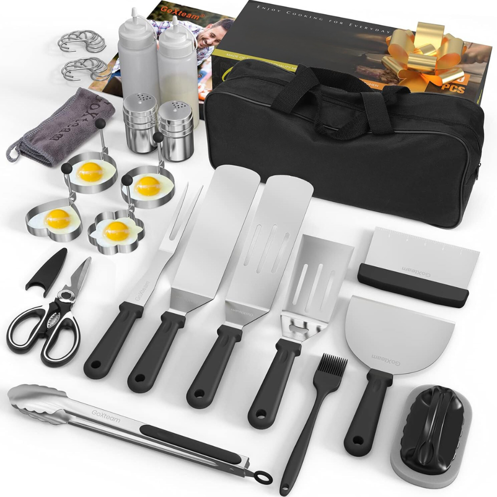 Belro 30-piece BBQ griddle accessories tool kit with spatulas, scrapers, and brushes for outdoor grilling and cooking.