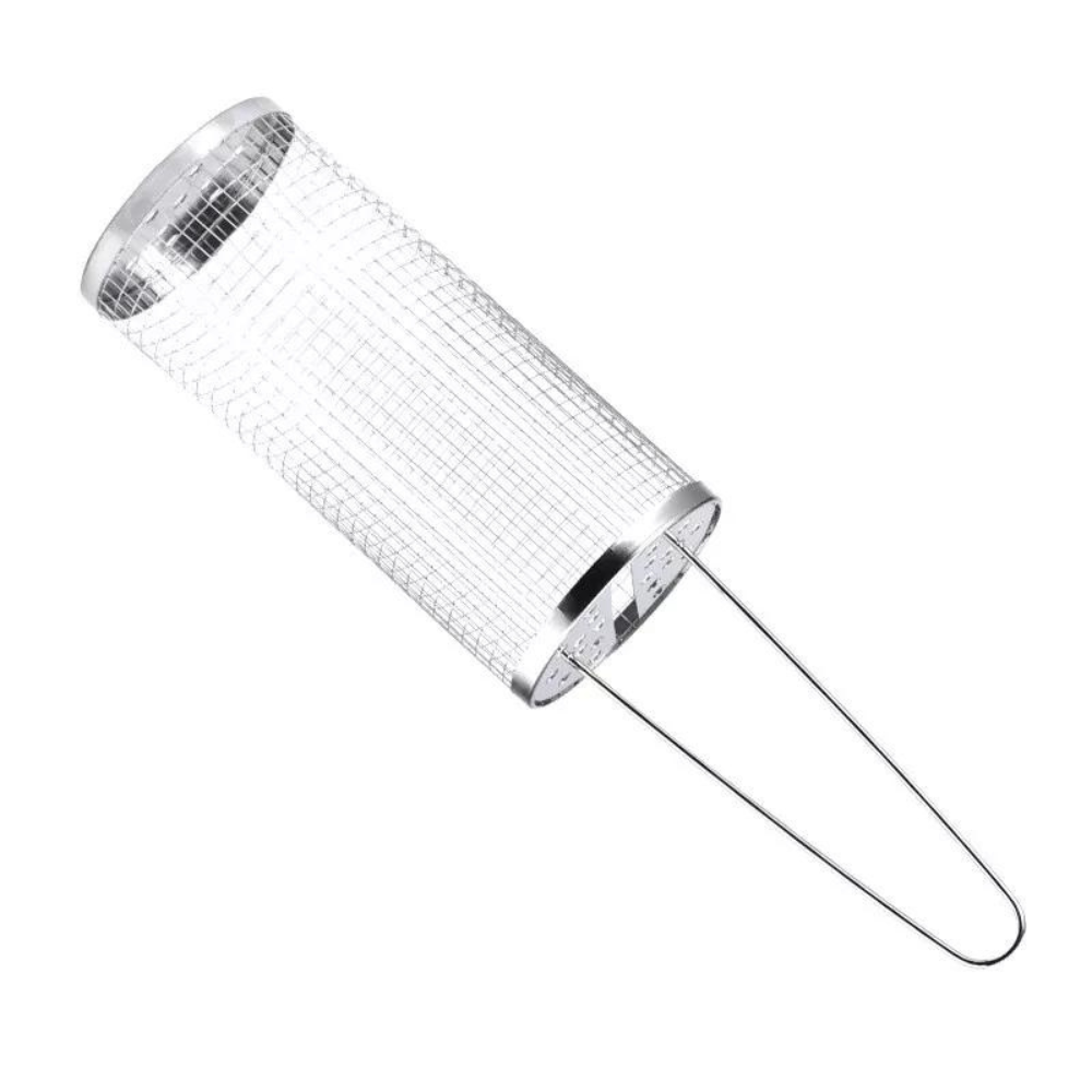 Belro stainless steel round barbecue grilling basket with handle for outdoor grilling and BBQ cooking.