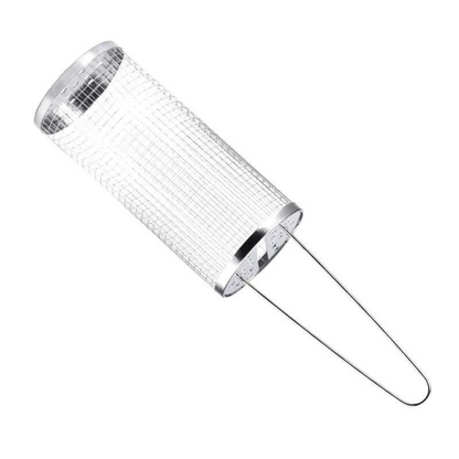 Belro stainless steel round barbecue grilling basket with handle for outdoor grilling and BBQ cooking.