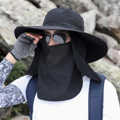 Belro breathable wide brim outdoor sun protection fishing hat with adjustable chin strap and UV-resistant fabric.