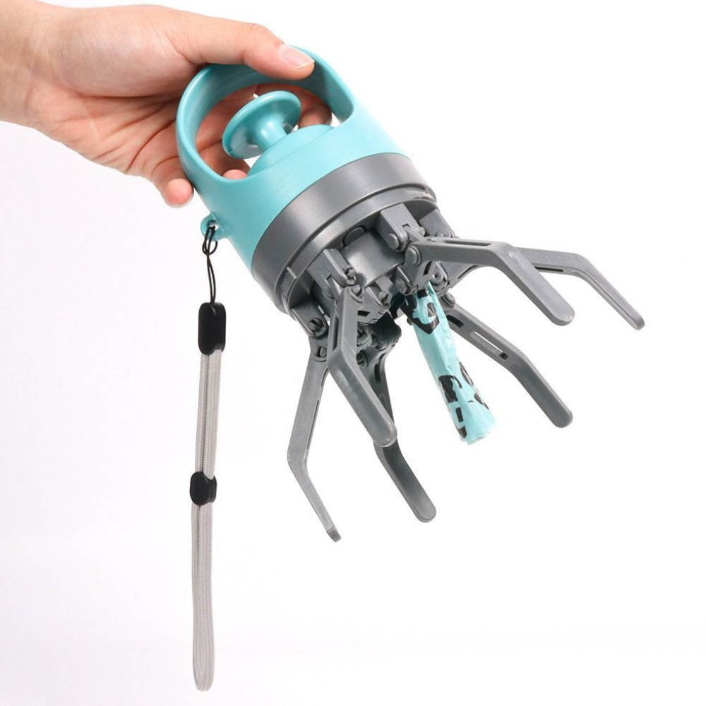 Belro dog poop picker upper claw with attached garbage bag dispenser, designed for easy and hygienic waste collection.