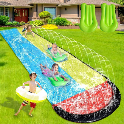 Colorful inflatable backyard slip and slide for kids, designed for outdoor fun, with vibrant blue and yellow sections.