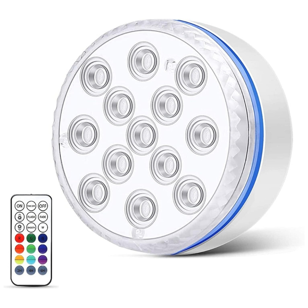 Colorful submersible LED pool party lights by Belro, floating in a pool with vibrant, glowing illumination for outdoor fun.