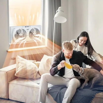 Belro InstaBreeze twin window cooling fan system installed in a home window for outdoor cooling and air circulation.