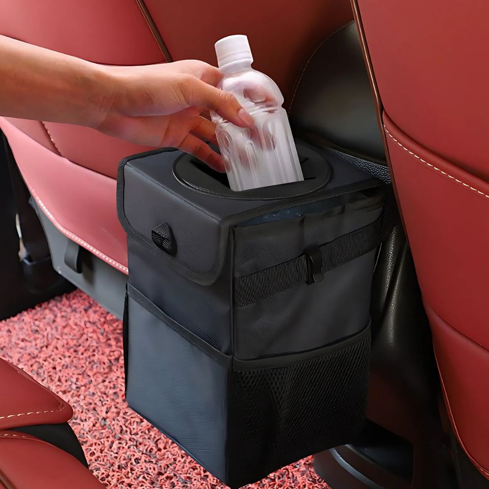 Belro waterproof car trashcan bin hanging inside vehicle, durable automotive interior organizer for waste management.