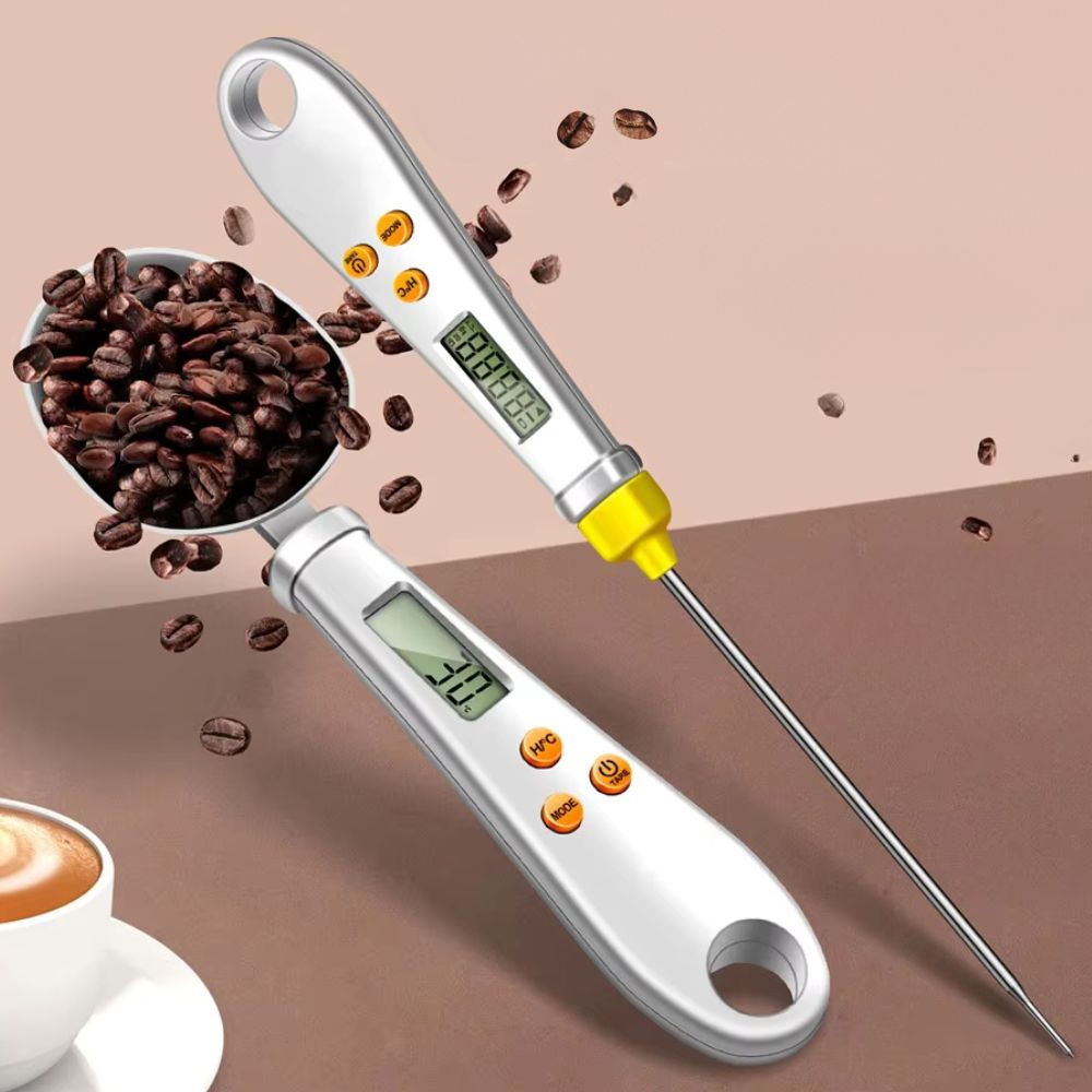 Belro 2-in-1 digital mini spoon scale and food thermometer showing a stainless steel spoon with digital display for precise measurements