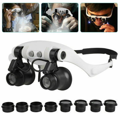 Belro headband magnifier with 8 lenses and LED light, jeweler glasses for detailed close-up work and precision viewing.
