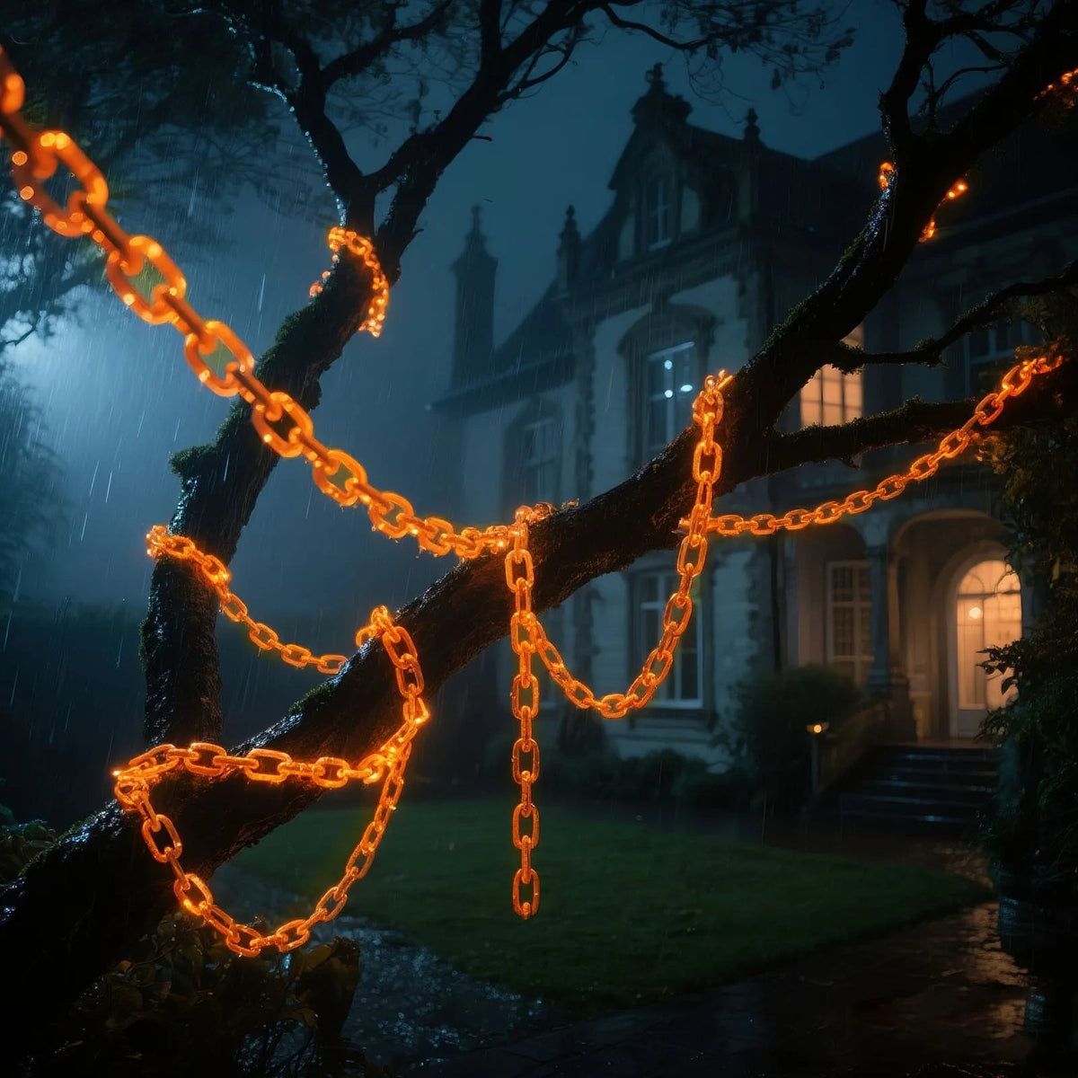 Belro Halloween chains string LED lights hanging outdoors, perfect for spooky home and garden Halloween decorations.