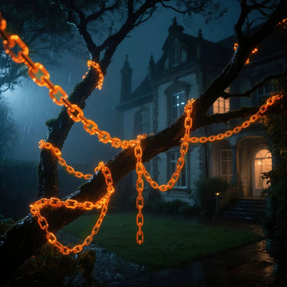 Belro Halloween chains string LED lights hanging outdoors, perfect for spooky home and garden Halloween decorations.