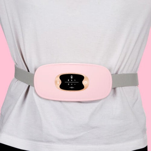Belro smart heating massage belt for menstrual cramps, showing a black belt with control panel, designed for pain relief during periods