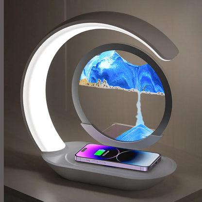 Belro 3D Sand Art Table Lamp with wireless charger features a colorful sand display and built-in charging pad on an electronic desk lamp.