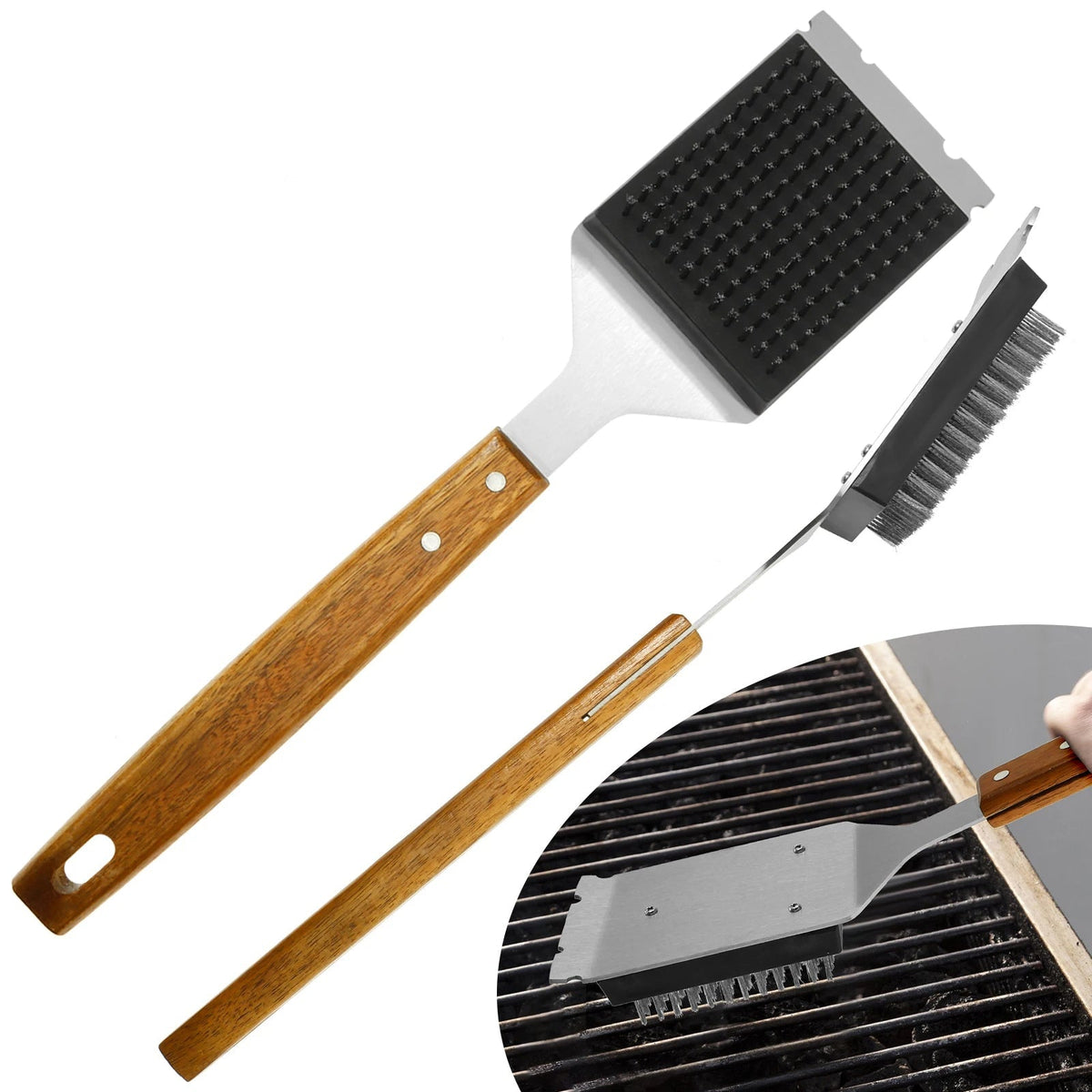 Belro long handle barbecue grill brush with scraper for cleaning grill grates, featuring a durable handle and sturdy bristles.
