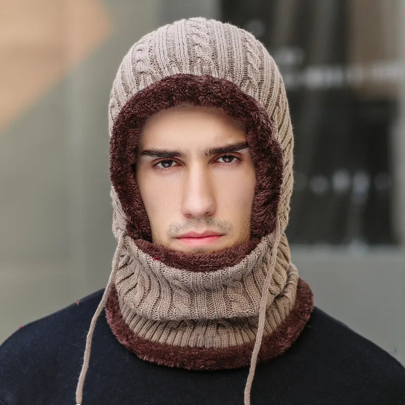 Belro winter knit hat balaclava with scarf, close-up showing warm, cozy fabric and full face coverage for cold weather protection.