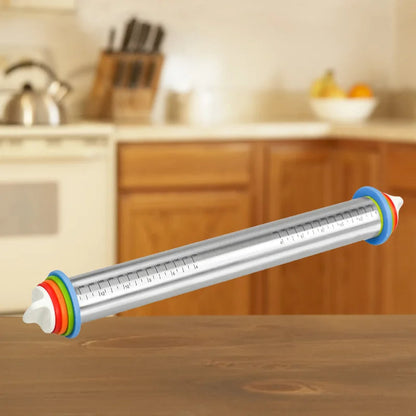 Belro adjustable rolling pin with rings for even dough thickness, shown with measuring rings in a kitchen setting.