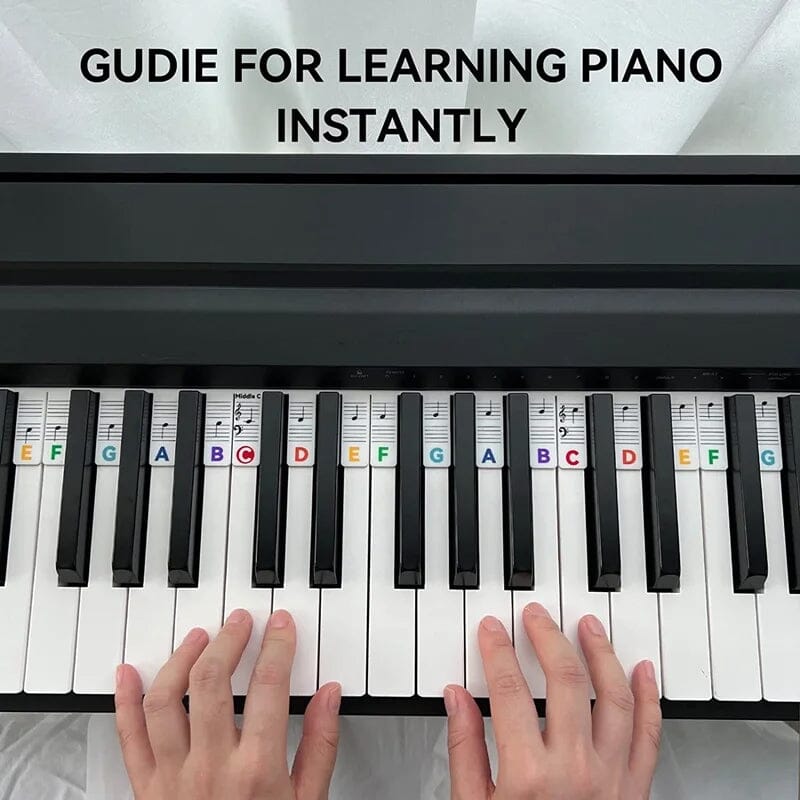 Color-coded removable piano keyboard note labels by BowLift on a keyboard, showing vibrant stickers for musical note learning.