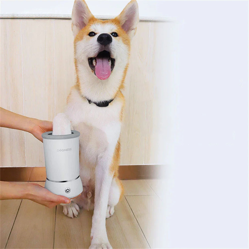 Belro automatic paw cleaner for dogs with soft brushes and water, designed to gently clean pet paws during grooming.