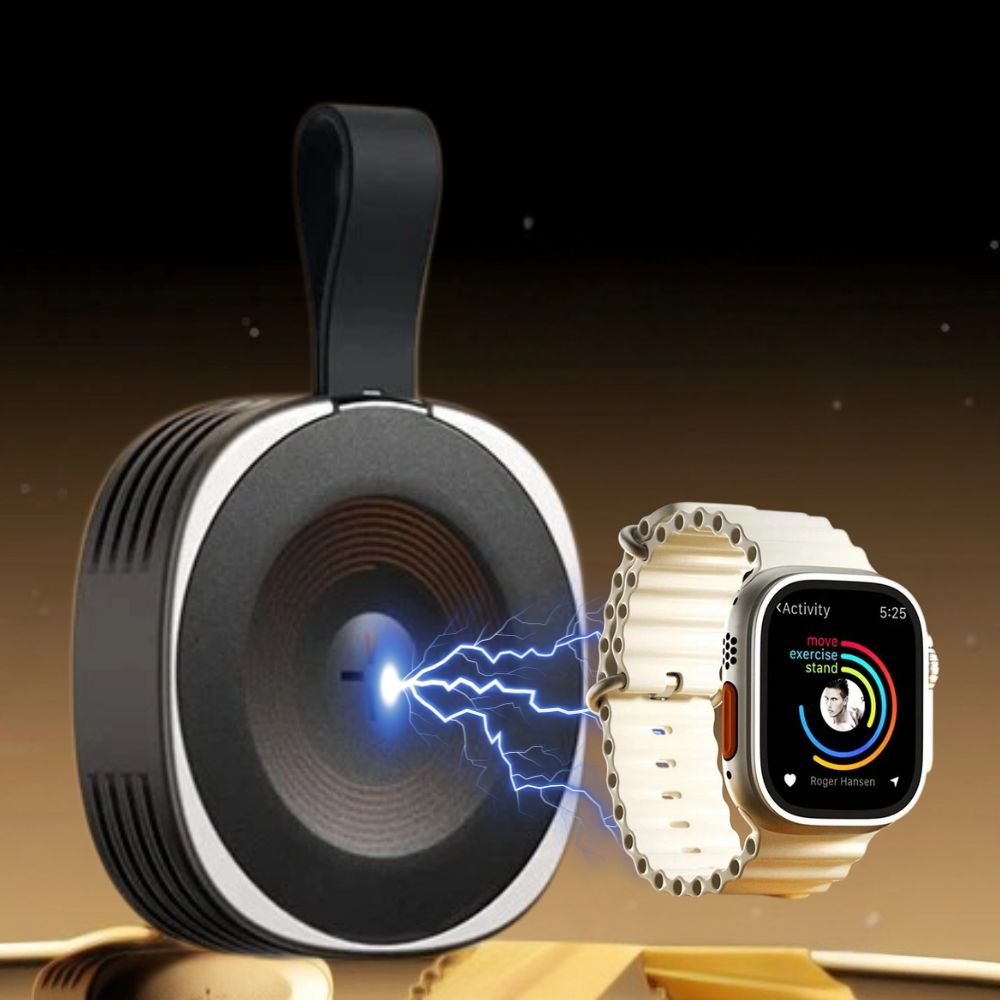 Belro portable wireless smart watch fast charger connected to a smartwatch, compact electronic wearable charging device.
