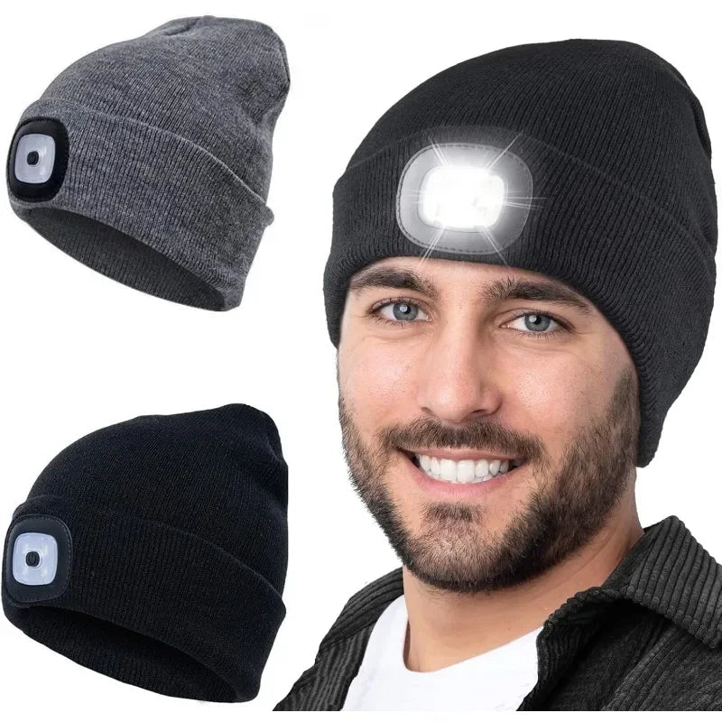 Rechargeable LED beanie hat by Belro with built-in light for winter outdoor activities, featuring a cozy knit design and LED illumination.