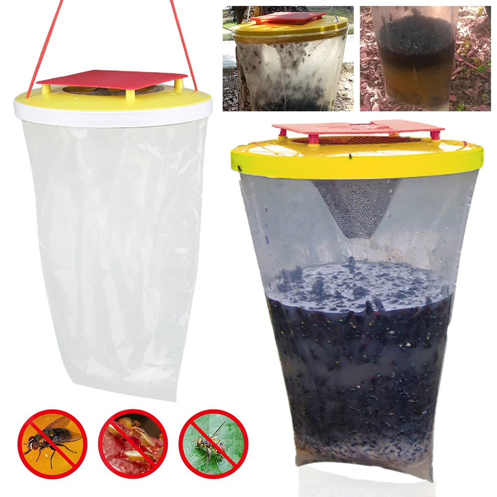 Belro eco-friendly disposable fly trap in outdoor garden setting, designed for pest control, with a bag-style trap for insects.