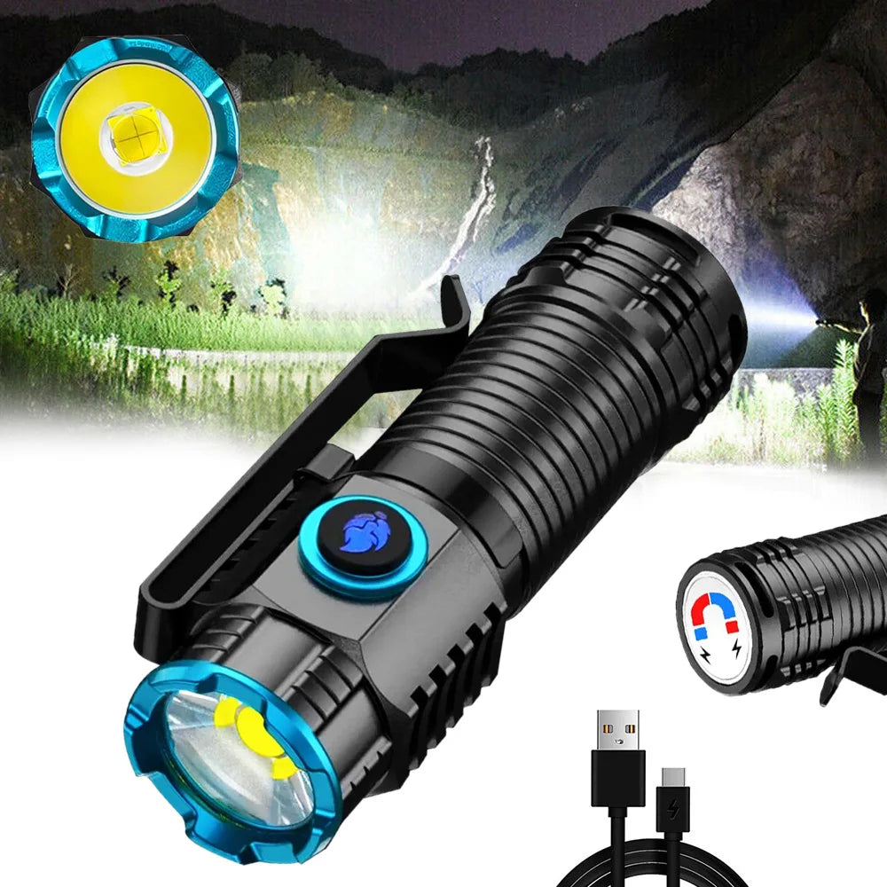 Belro compact rechargeable LED flashlight with adjustable beam, black body, and ergonomic design for portable lighting.