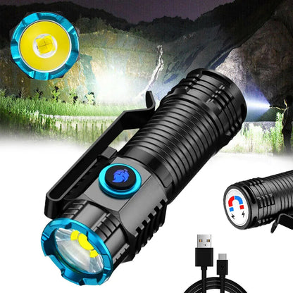Belro compact rechargeable LED flashlight with adjustable beam, black body, and ergonomic design for portable lighting.