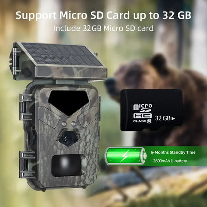 Compact solar-powered trail camera by Belro with motion sensor and night vision for wildlife monitoring and outdoor photography.