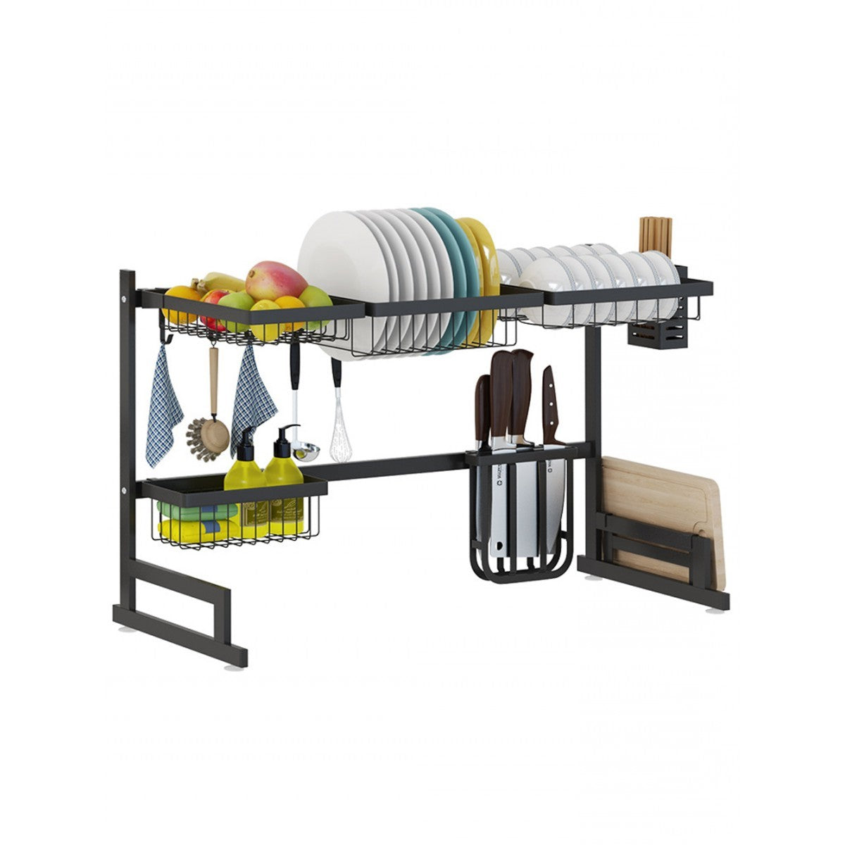 Belro stainless steel black dish drying rack over kitchen sink with draining shelf for dishes and utensils.