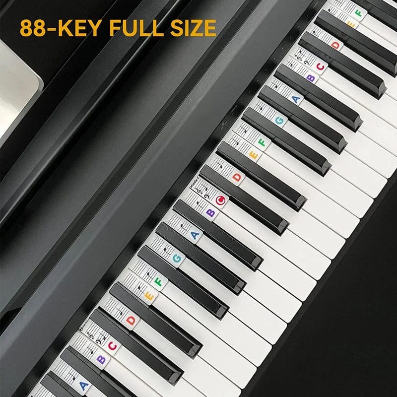 Color-coded BowLift removable piano keyboard note labels on a keyboard, designed for easy learning and note identification.