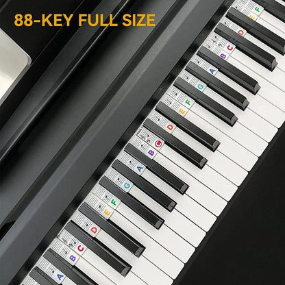 Color-coded BowLift removable piano keyboard note labels on a keyboard, designed for easy learning and note identification.