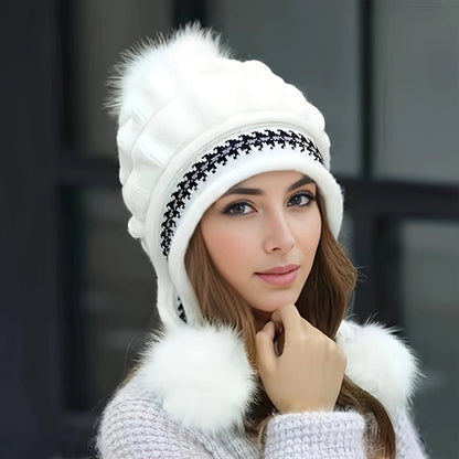 Belro fleece-lined winter hat with faux fur pom-pom, cozy winter hat accessory featuring soft fabric and stylish design.