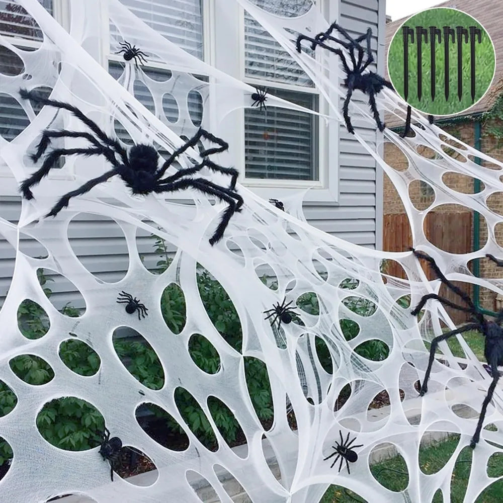 Belro Halloween giant spider web decoration with stakes for outdoor home and garden spooky Halloween decor.