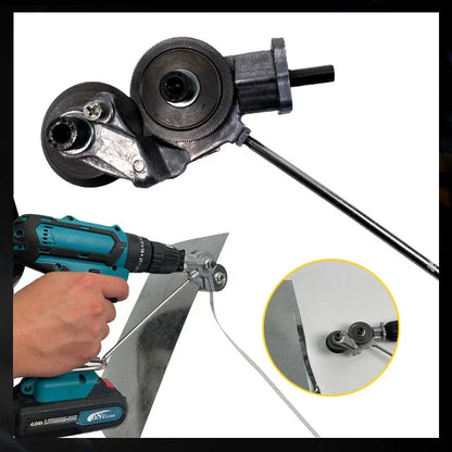Belro electric drill plate cutter in a workshop, showing the handheld power tool used for cutting metal plates.
